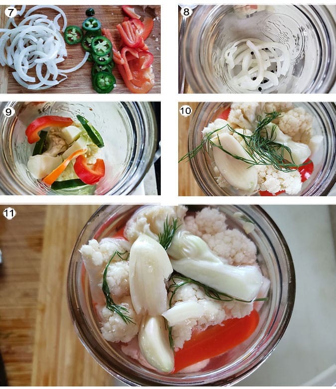 Step by step photographs of the process for making pickled cauliflower. See details in recipe below.
