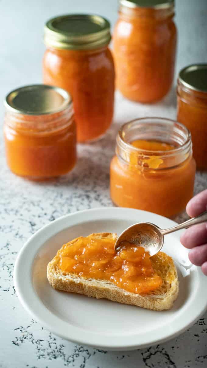 Woman's hand spreading jam with spoon.