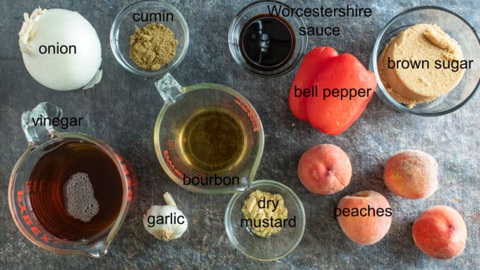 ingredients for peach bourbon BBQ sauce. See details in recipe below.
