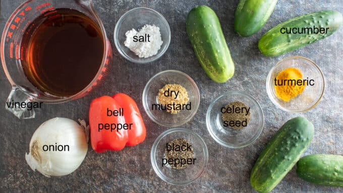 Ingredients for sweet pickle relish. See recipe below for details.