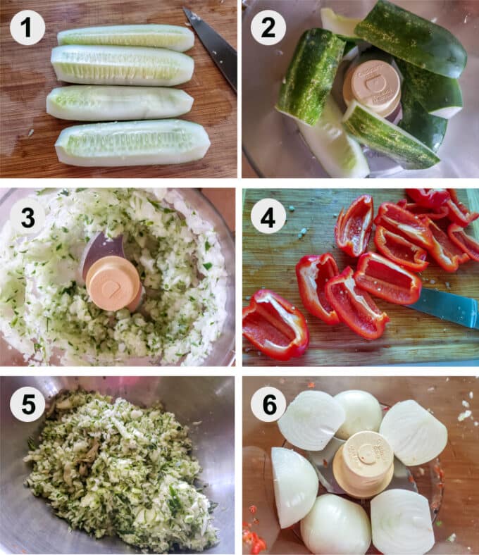 Step by step photographs of the process for making sweet pickle relish. See details in recipe below.