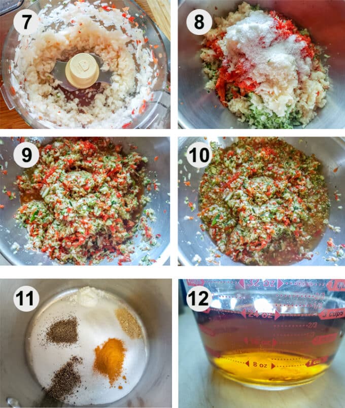 Step by step photographs of the process for making sweet pickle relish. See details in recipe below.