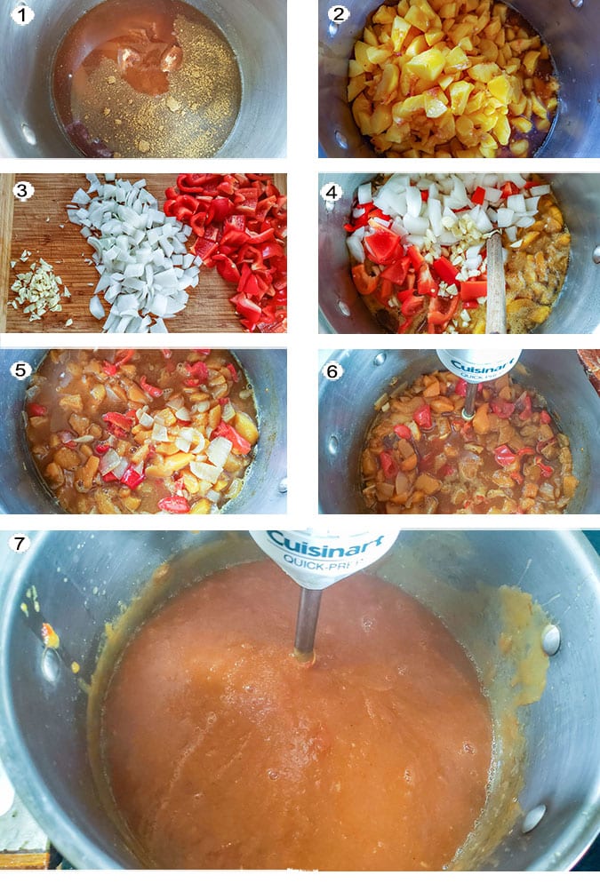 Step by step photographs of the process for making peach bourbon BBQ sauce See details in recipe below.