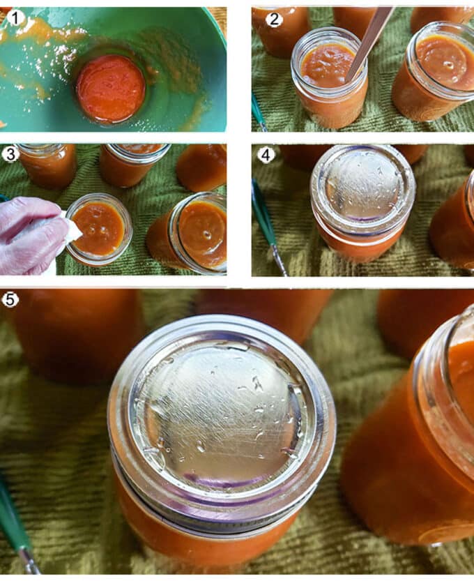 Step by step photographs of the process for canning peach bourbon BBQ sauce See details in recipe below.