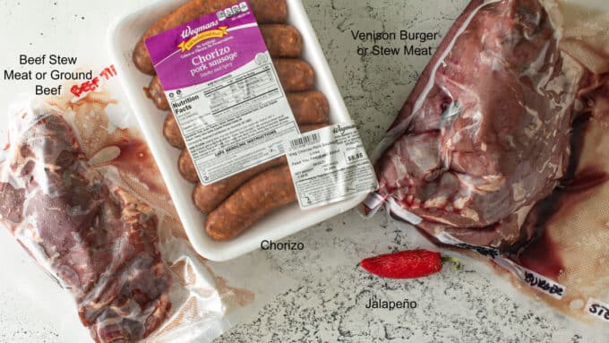 Ingredients for chili for a crowd. See details in recipe below.