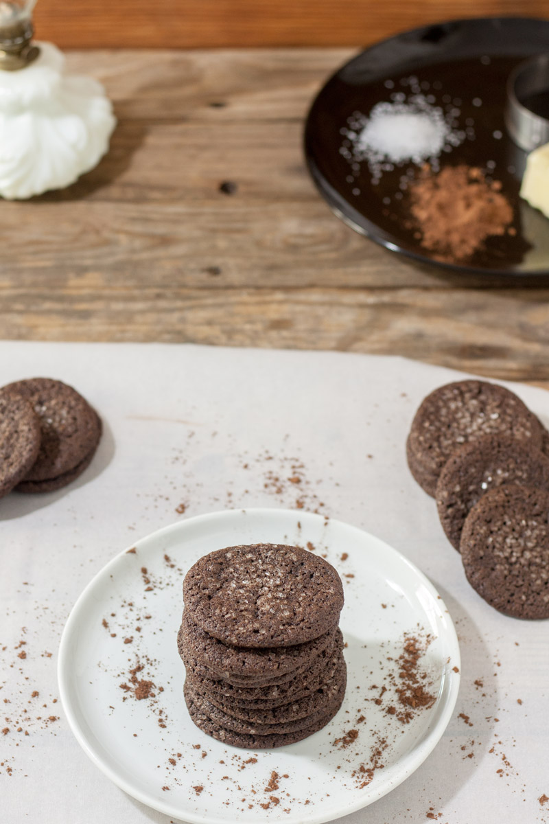 dutch chocolate cookies on white plate sprinkled with cocoa powder over head image of cookies stacked on white plate sprinkled with cocoa powder