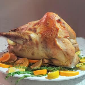 Wild turkey on platter with citrus and fresh herbs.