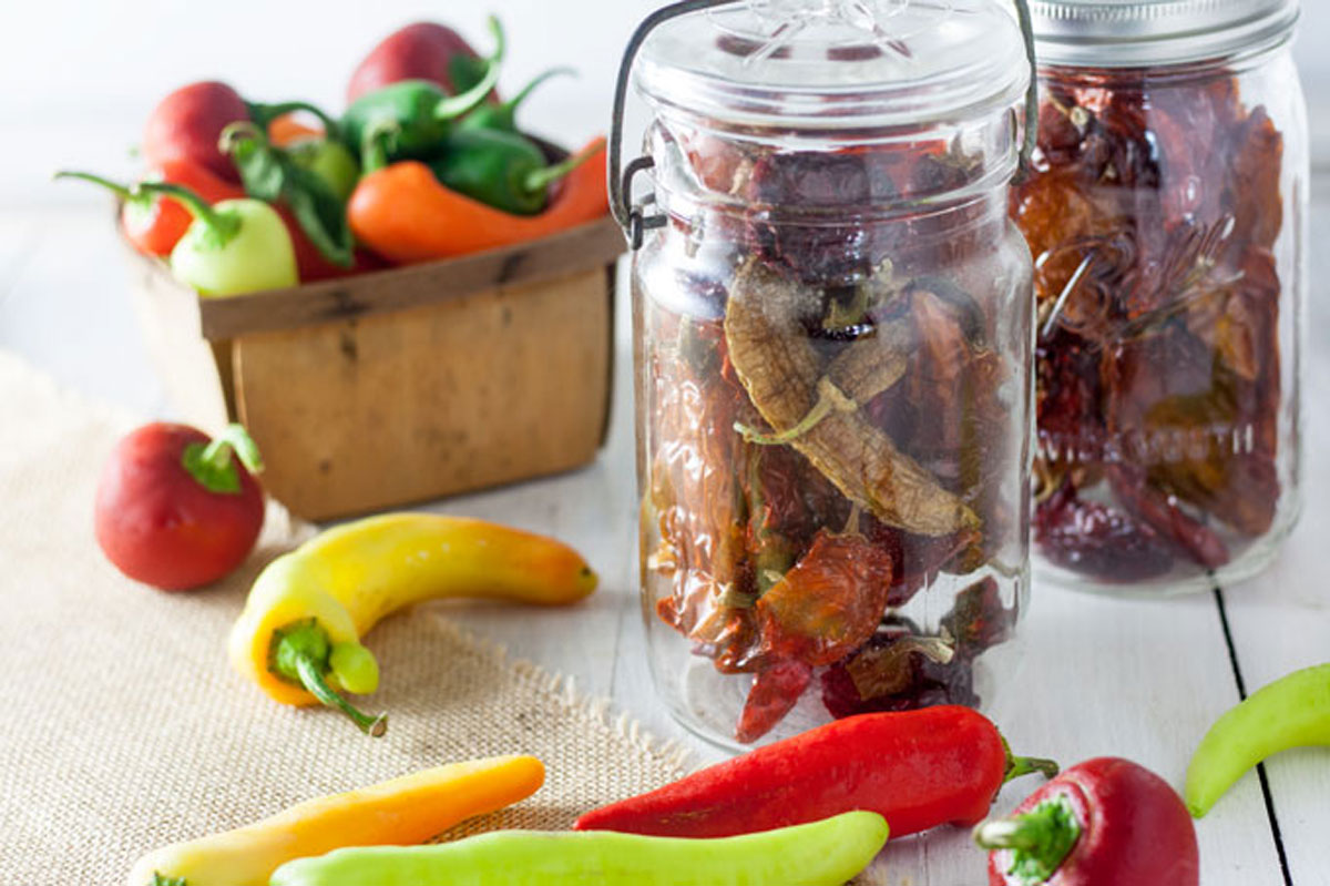 Dried peppers in glass canning jars