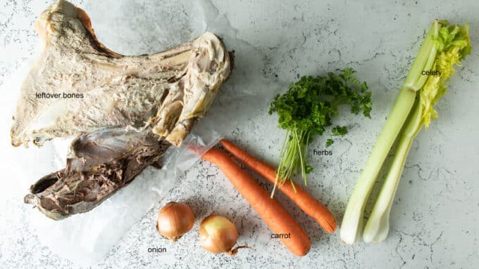 Ingredients you need for canning bone broth. See details in recipe below.