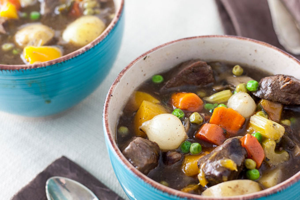 Colorful hearty stew with lots of vegetables.