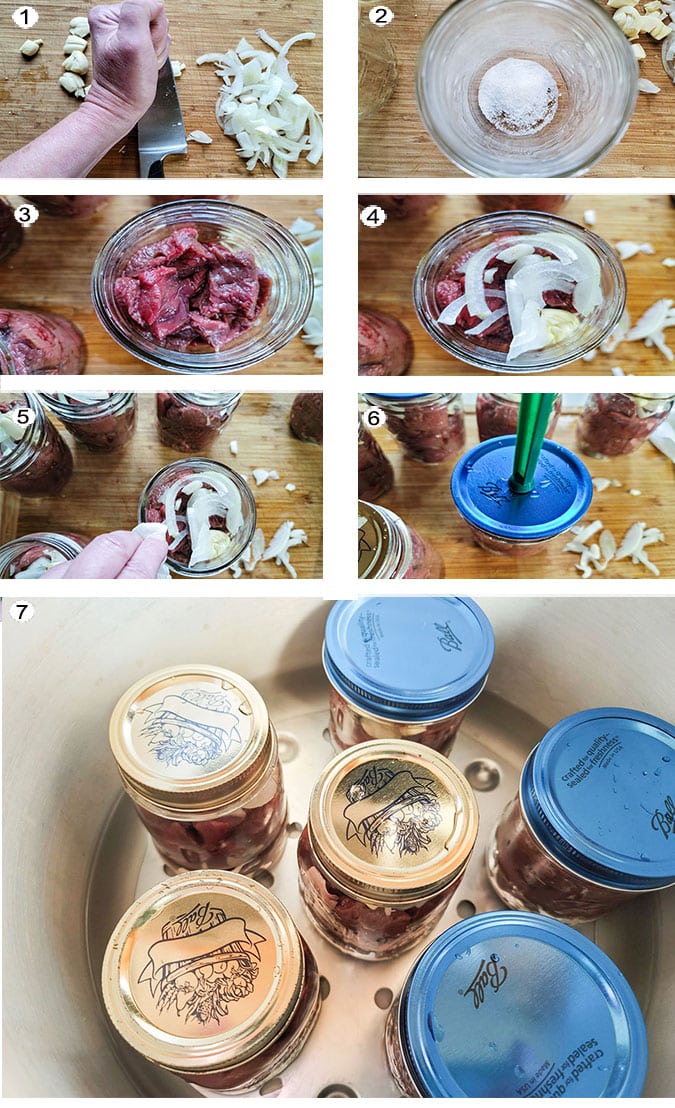 Step by step photographs of the process for canning venison. See details in recipe below.