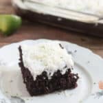 Hershey chocolate cake on white plate.