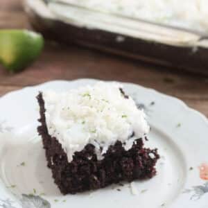Hershey chocolate cake on white plate.