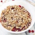 Casserole dish with cranberry crisp.