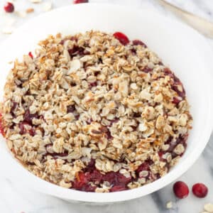 Casserole dish with cranberry crisp.