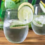 Cucumber water with slices of cucumbers.