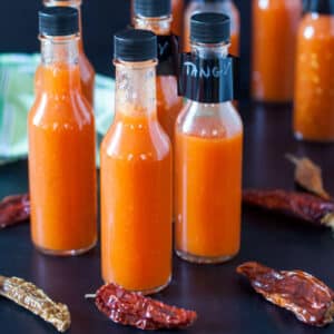Hot sauce in small bottles.