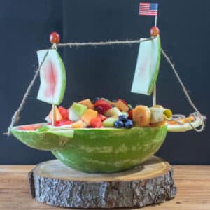 Fresh fruit salad in a watermelon sculpture.