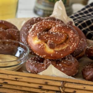 Stack of German Pretzels in basket.