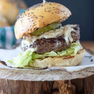 Large cheeseburger on sourdough hamburger bun.