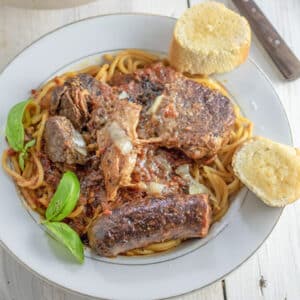 Meaty pasta sauce on spaghetti.