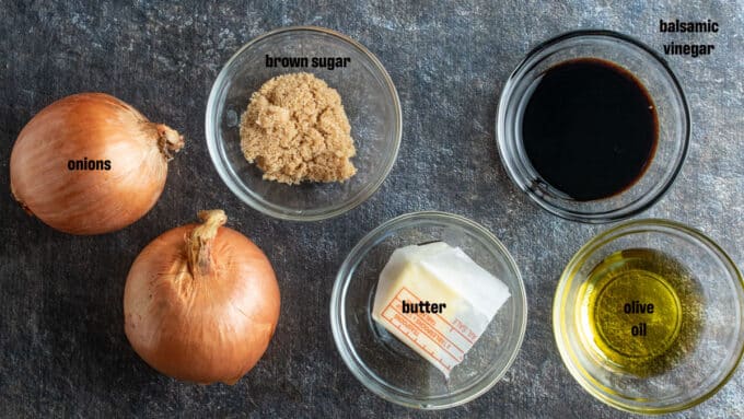Ingredients for caramelized onions. See recipe for details