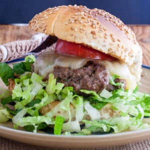 venison cheeseburger on a Kaiser rolls with lettuce and tomato slice.