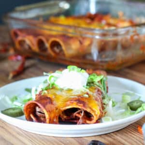 Two enchiladas on white plate with casserole in background.