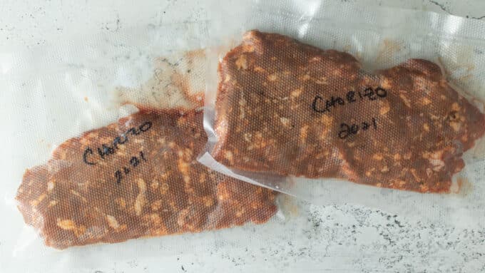 Venison chorizo vacuum packed in bags.