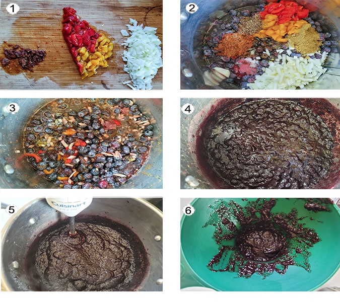Step by step photographs of the process for making Blueberry BBQ Sauce. See details in recipe below.