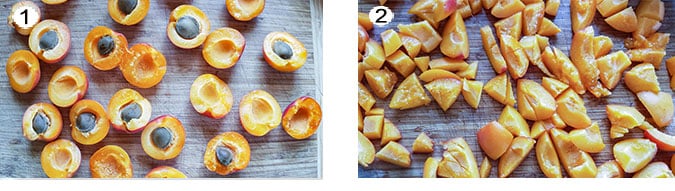 Step by step photographs of the process for preparing apricots. See details in recipe below.