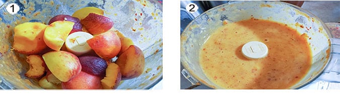 Step by step photographs of the process for making peach purée. See details in recipe below.