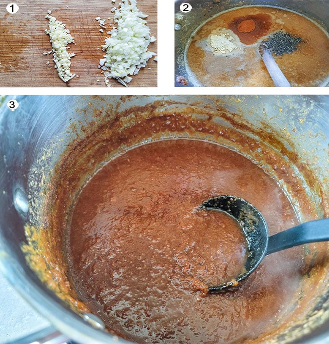 Step by step photographs of the process for making Apricot BBQ Sauce. See details in recipe below.