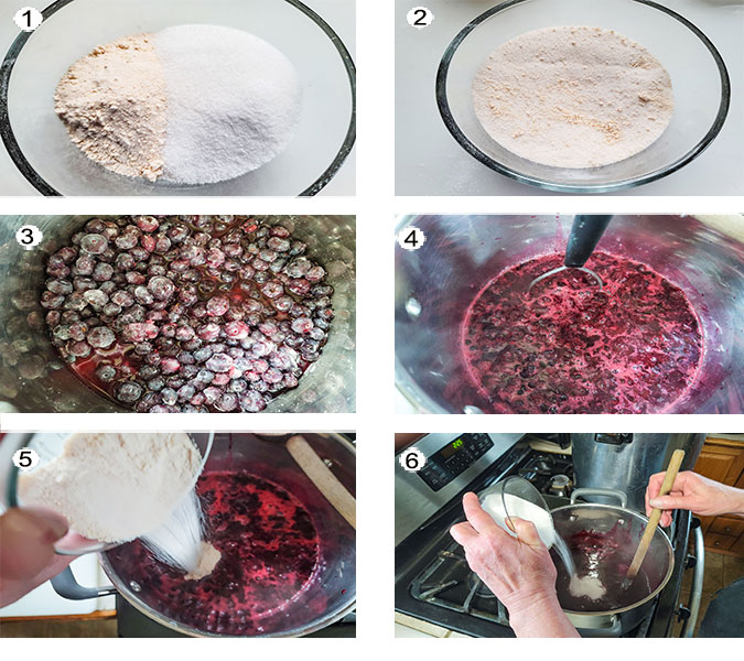 Step by step photographs of the process for making Blueberry Jam. See details in recipe below.