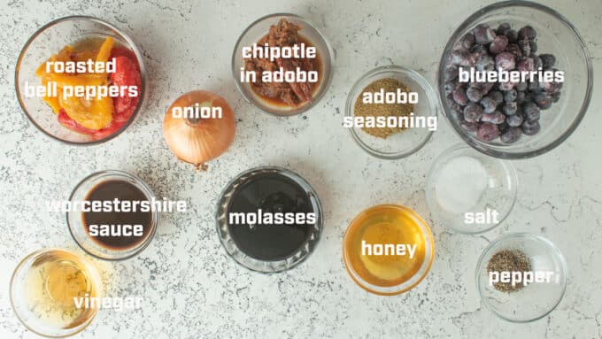 Ingredients for making blueberry bbq sauce. See details in recipe below.
