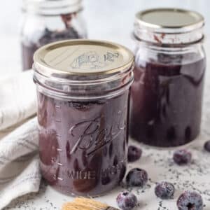 Jars of blueberry bbq sauce with fresh berries and basting brush.