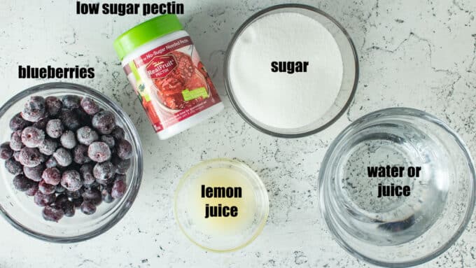 Ingredients for blueberry jam. See details in recipe below.