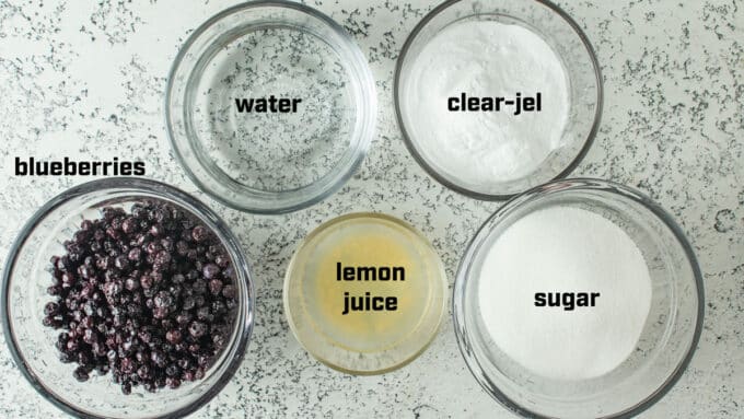 Ingredients for making blueberry pie filling. See details in recipe below.