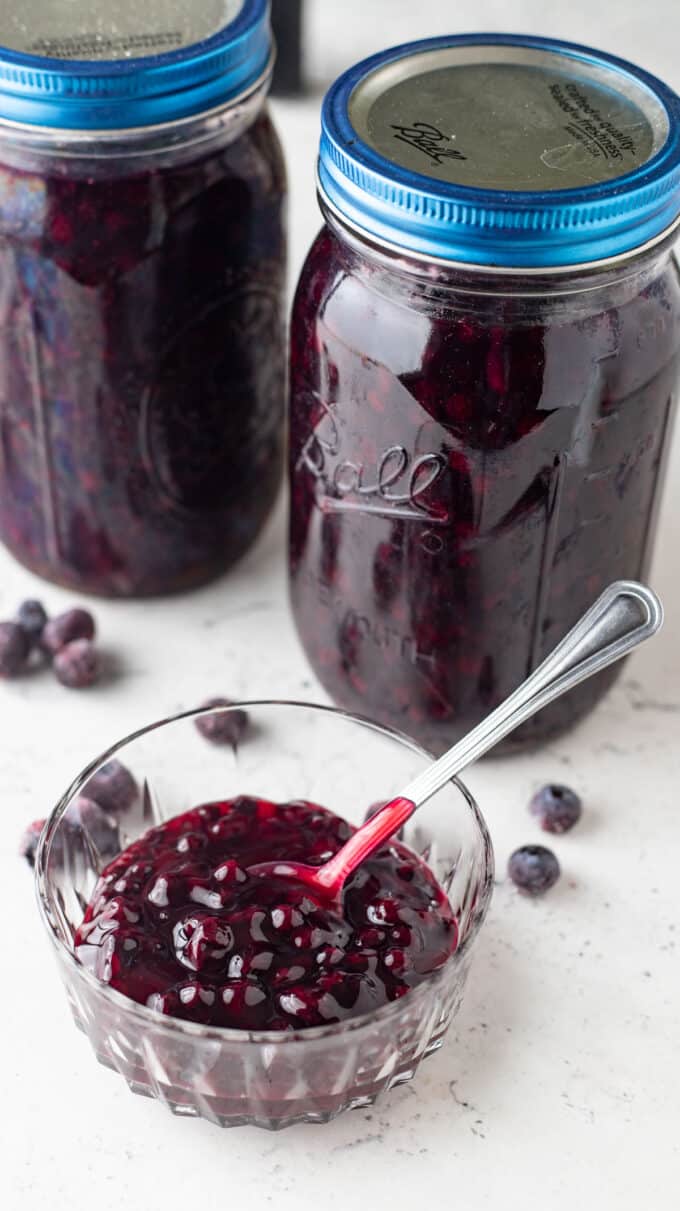Small glass bowl with blueberry pie filling.