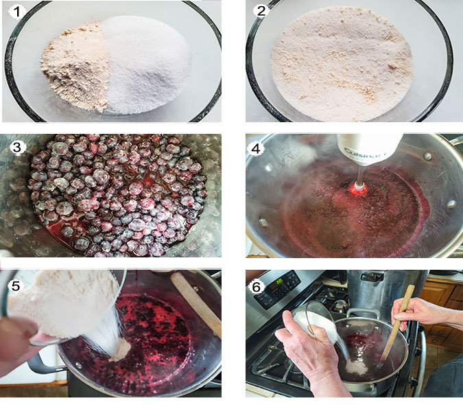 Step by step photographs of the process making blueberry syrup. See details in recipe below.