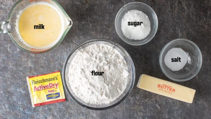 Ingredients for English muffins. See details in recipe card below.