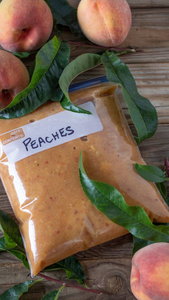 Peaches puréed and placed in a freezer bag.