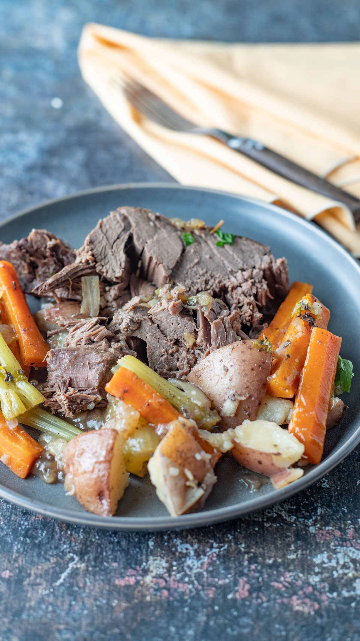 Sliced Venison pot roast on plate with vegetables on the side.