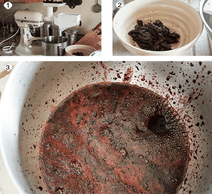Collage showing how to remove seeds from blackberries with Kitchenaid juicer.