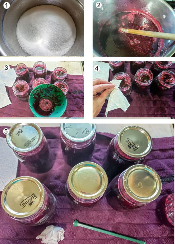 Step by step photographs of the process for canning Blackberry syrup. See details in recipe below.