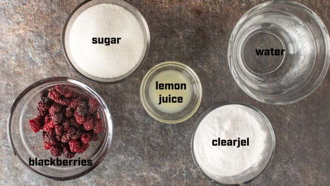 Ingredients for making blackberry pie filling. See details in recipe below.