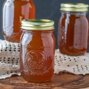 Close up of a jar of syrup.