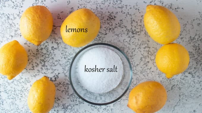 Ingredients for preserved lemons. Lemons, kosher salt.