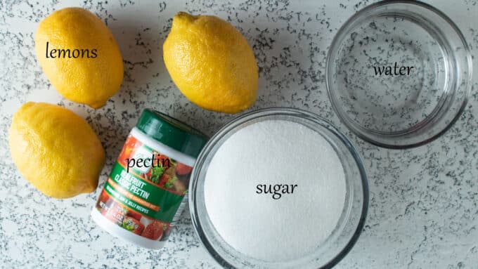 Ingredients for lemon marmalade. See recipe below for details.