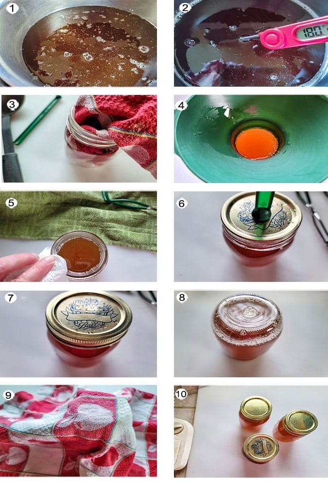Step by step photographs for bottling maple syrup. See details in recipe below.